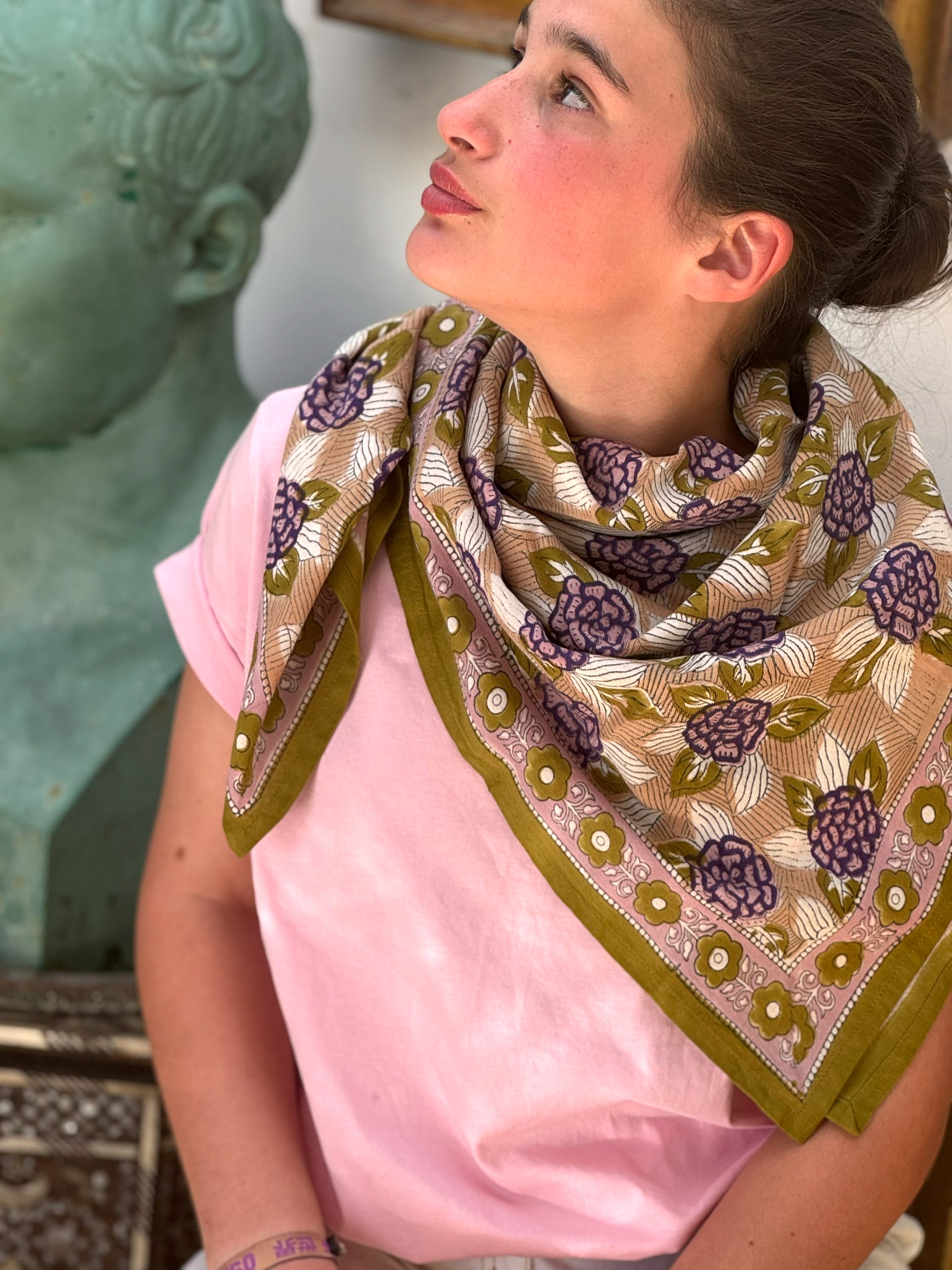 grand foulard blockprint penelope myrtille byzantine vert coton