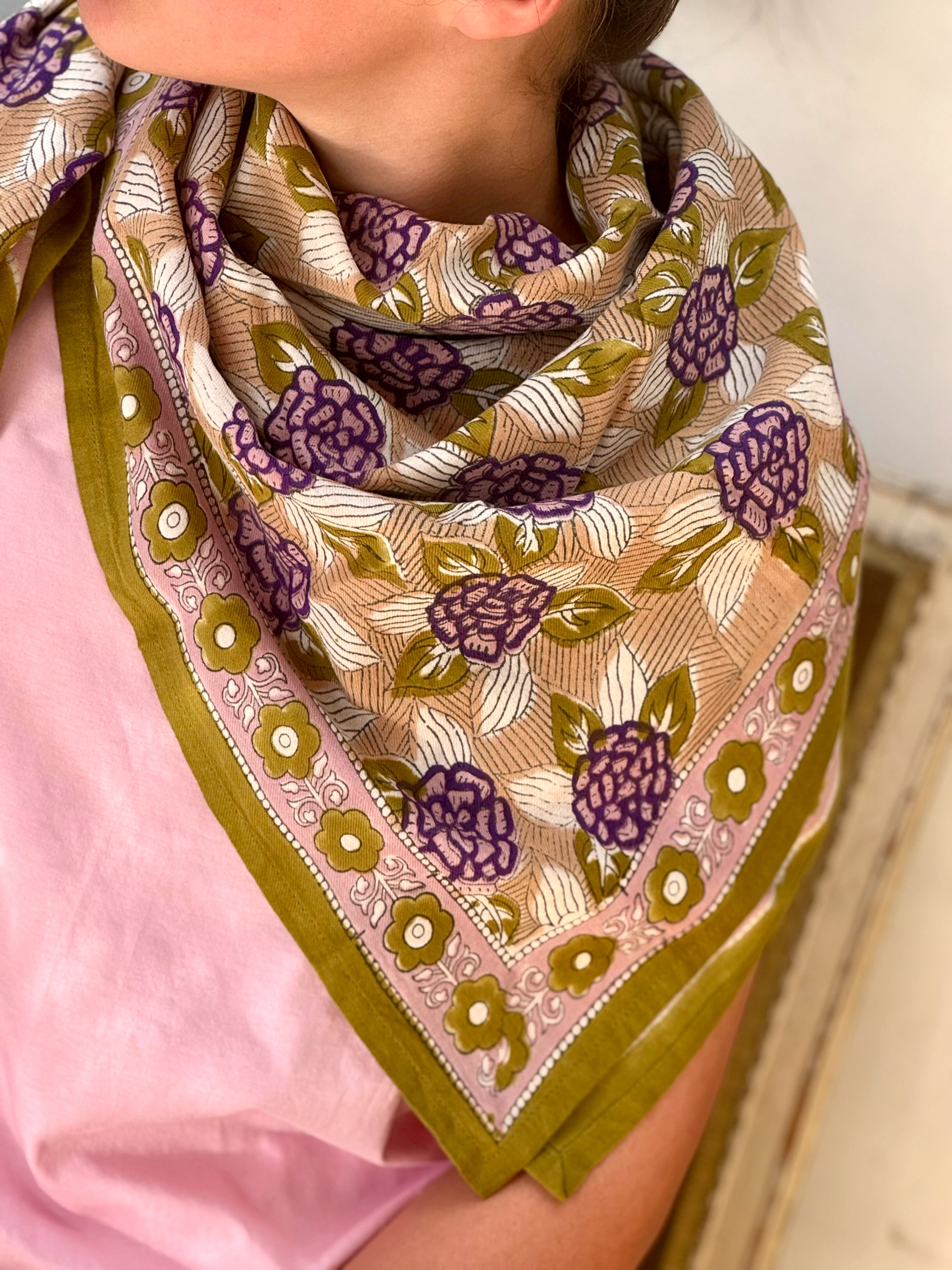grand foulard blockprint indien penelope vert myrtille byzantine
