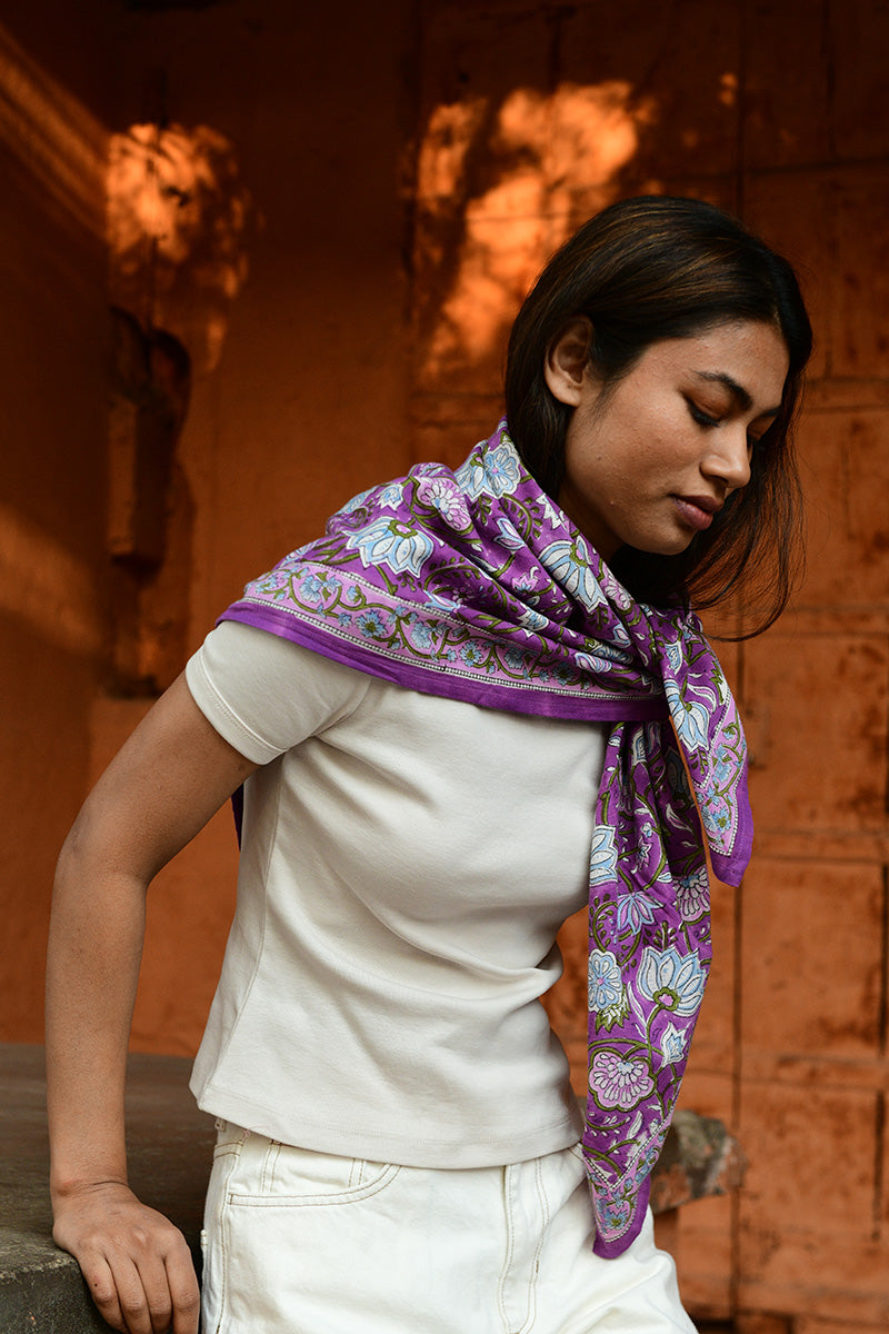 Grand foulard indien fleuri violet coton