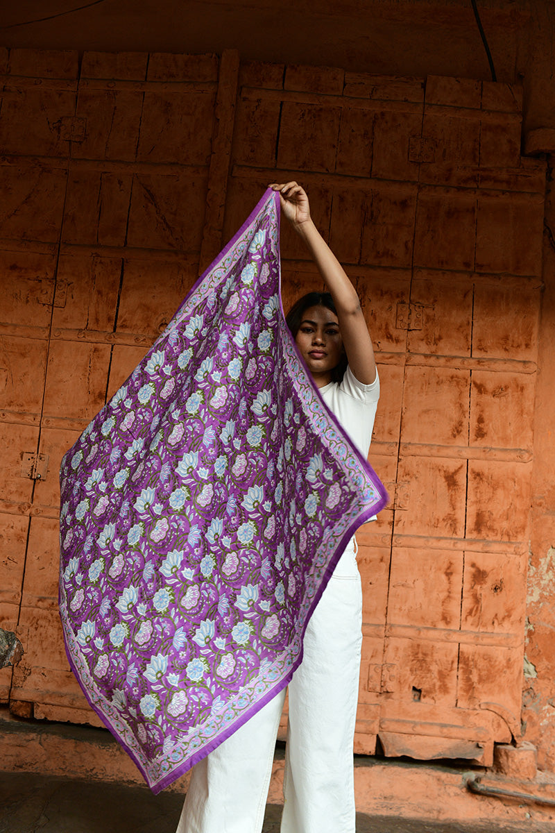 Grand foulard indien en coton imprimé à la main violet 114