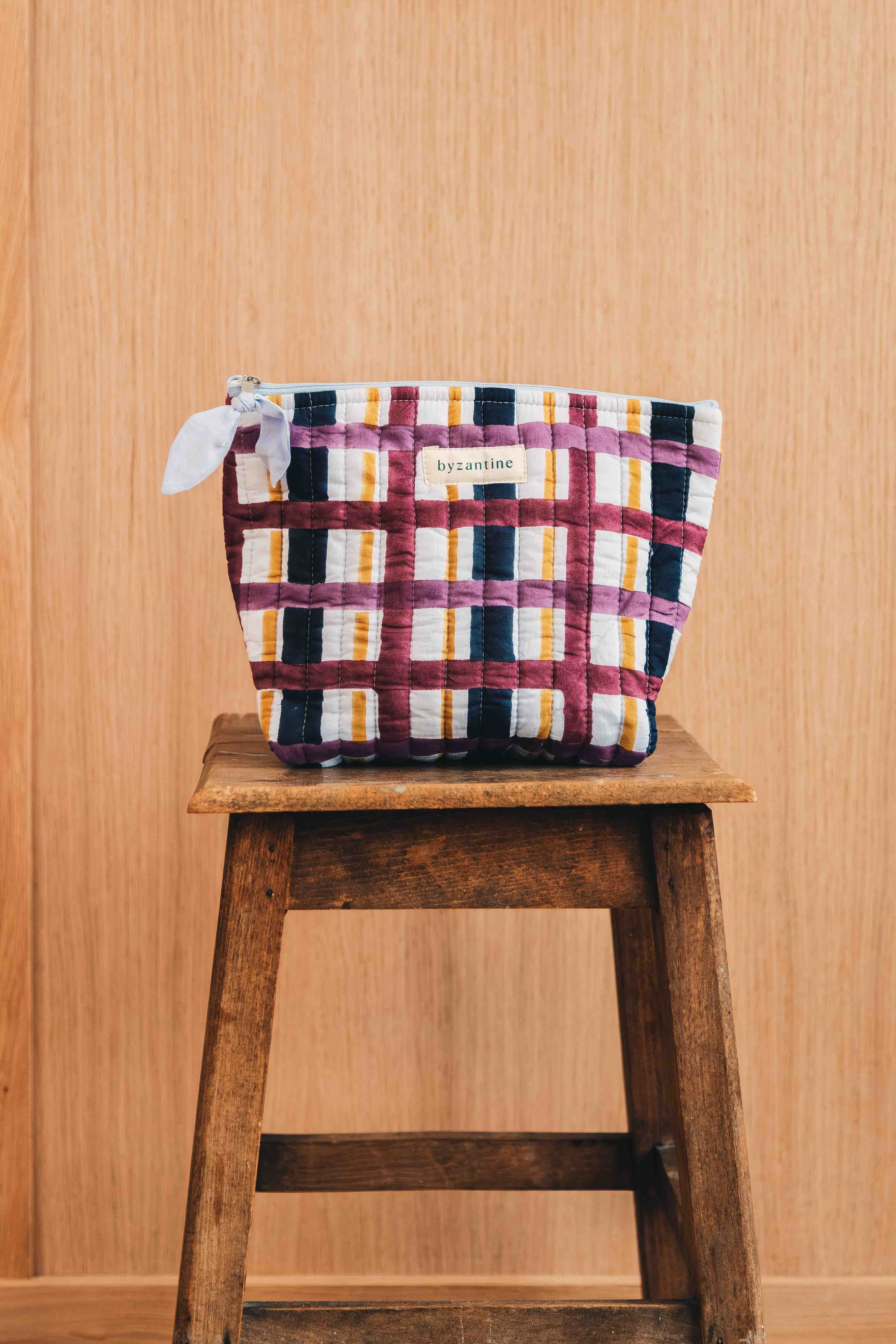 Grande trousse de beauté à carreaux bleu et Bordeaux de byzantine