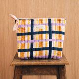 Très grande trousse de toilette à carreaux jaune et bleu en coton molletonné de byzantine