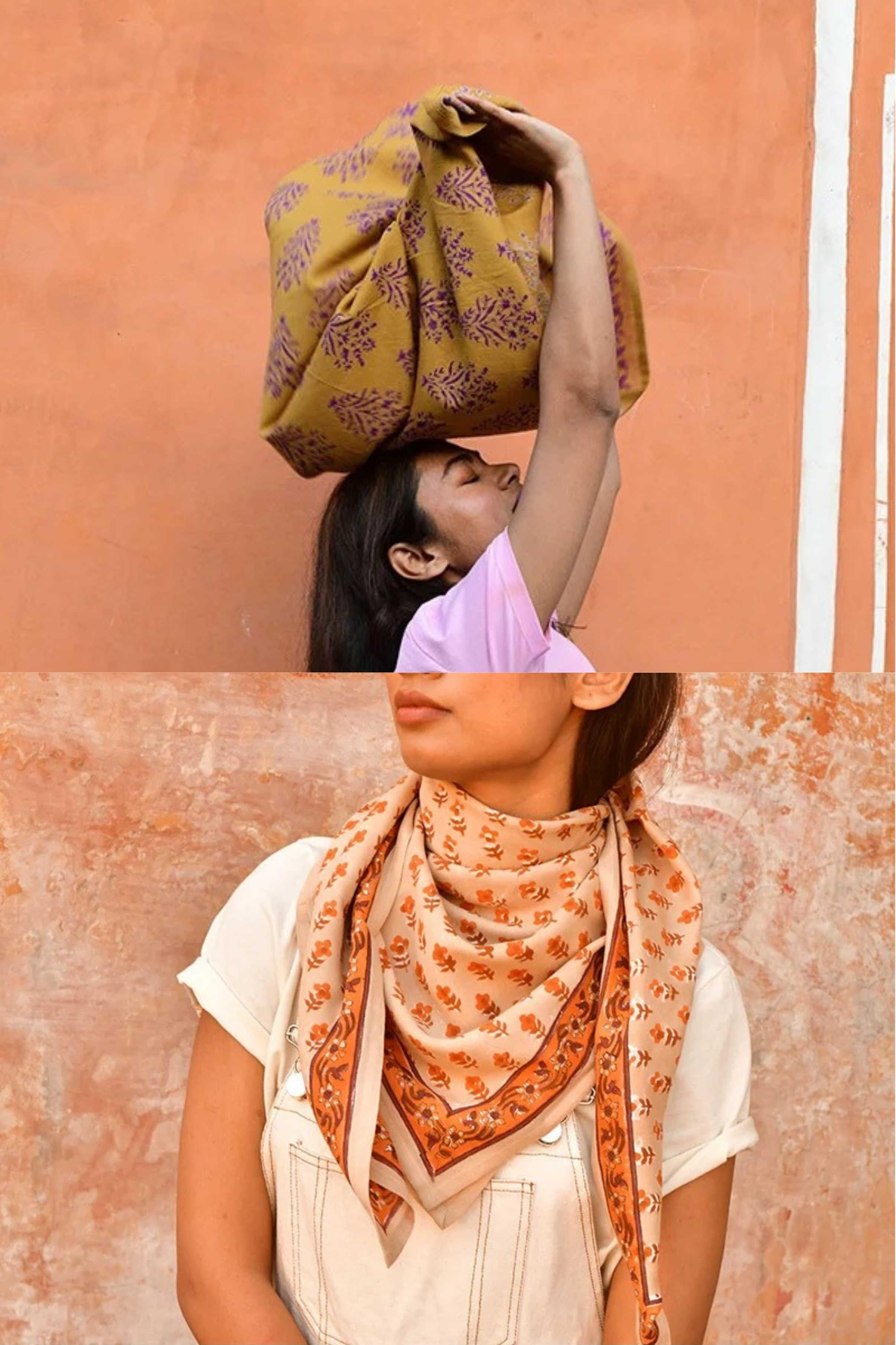 Duo de grands foulards byzantine : Galatie Caramel porté sur la tête et Nika Beige noué au cou