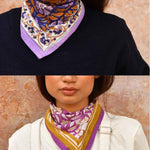 Duo de petits foulards byzantine N°115 Nuit et Carthage Violet, noués autour du cou