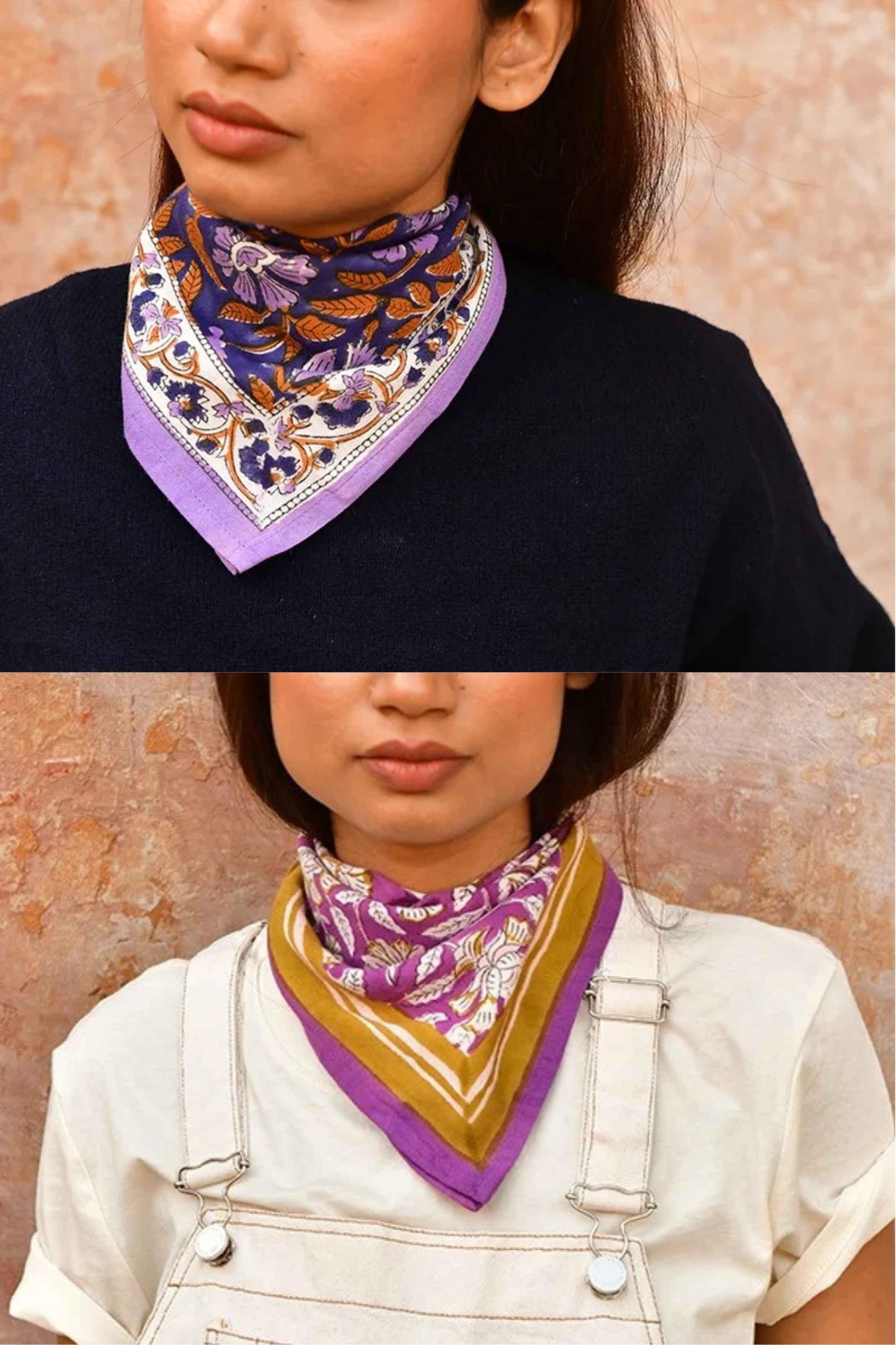 Duo de petits foulards byzantine N°115 Nuit et Carthage Violet, noués autour du cou