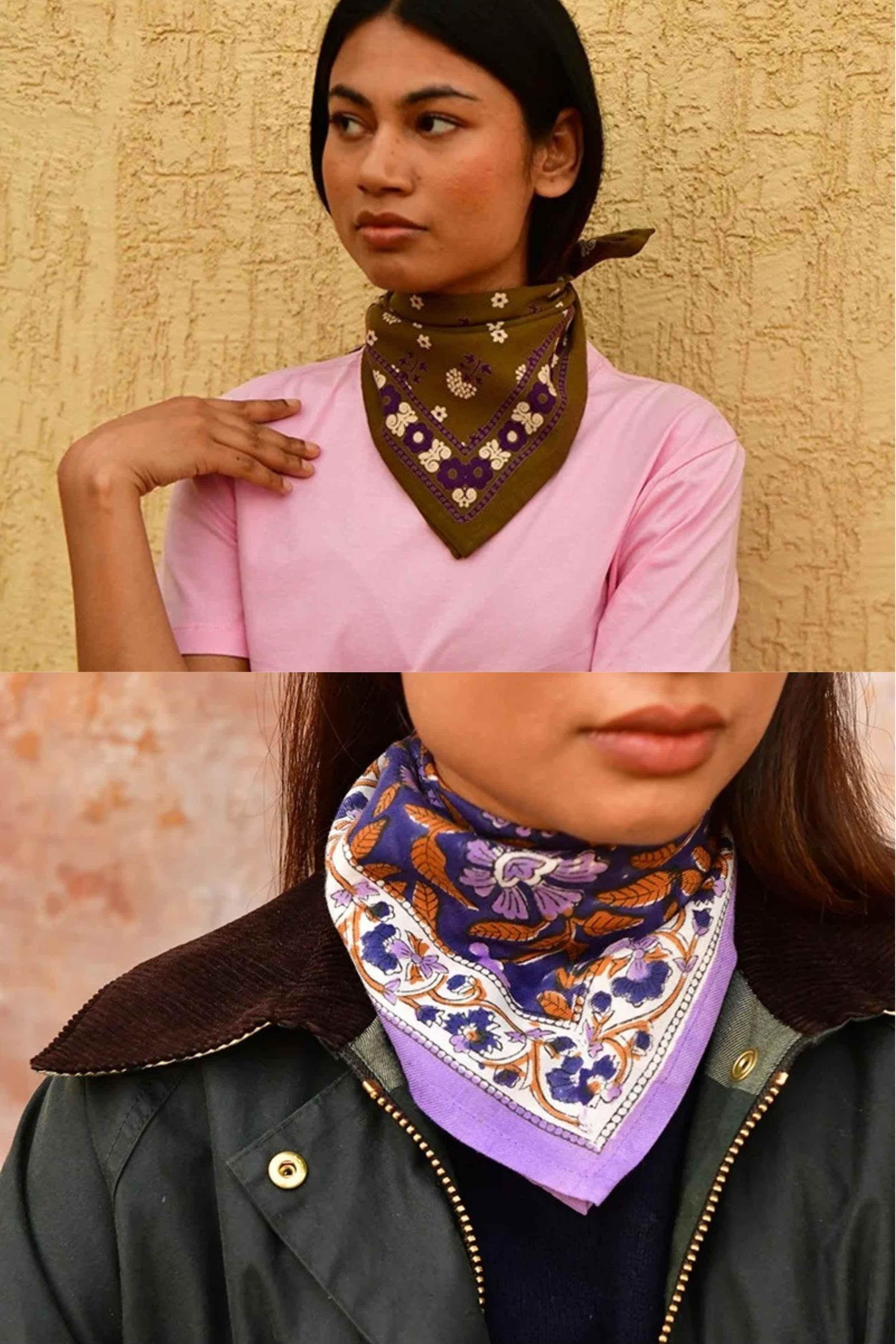 Duo de petits foulards byzantine : Anastase Olive noué au cou et N°115 Nuit porté avec une veste