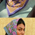 Duo de petits foulards byzantine : N°113 Bleu noué sur une statue et Ani Bleu horizon porté en fichu