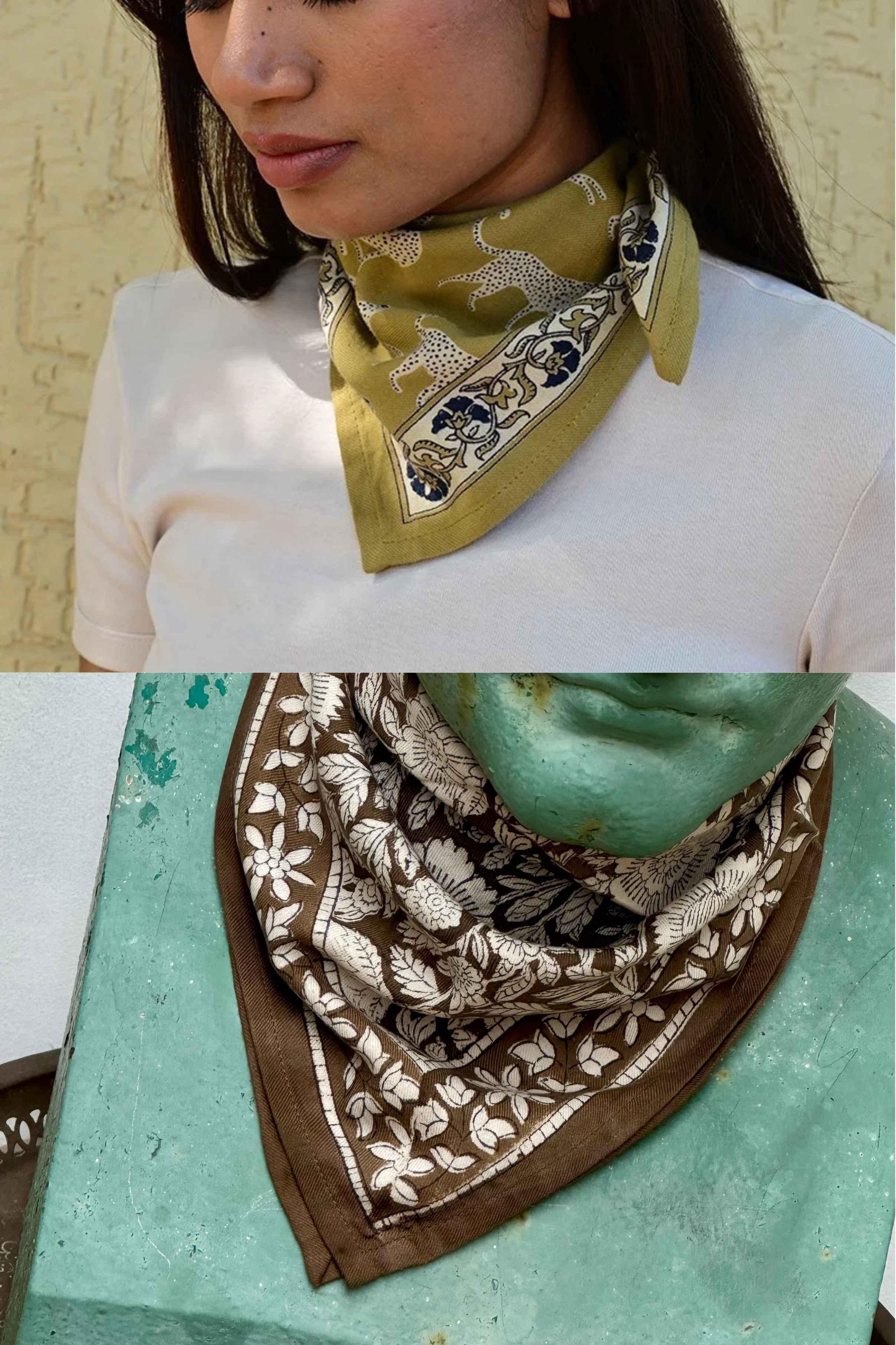 Duo de petits foulards byzantine : Fauve Noix noué au cou et Antioche Kaki noué sur une statue