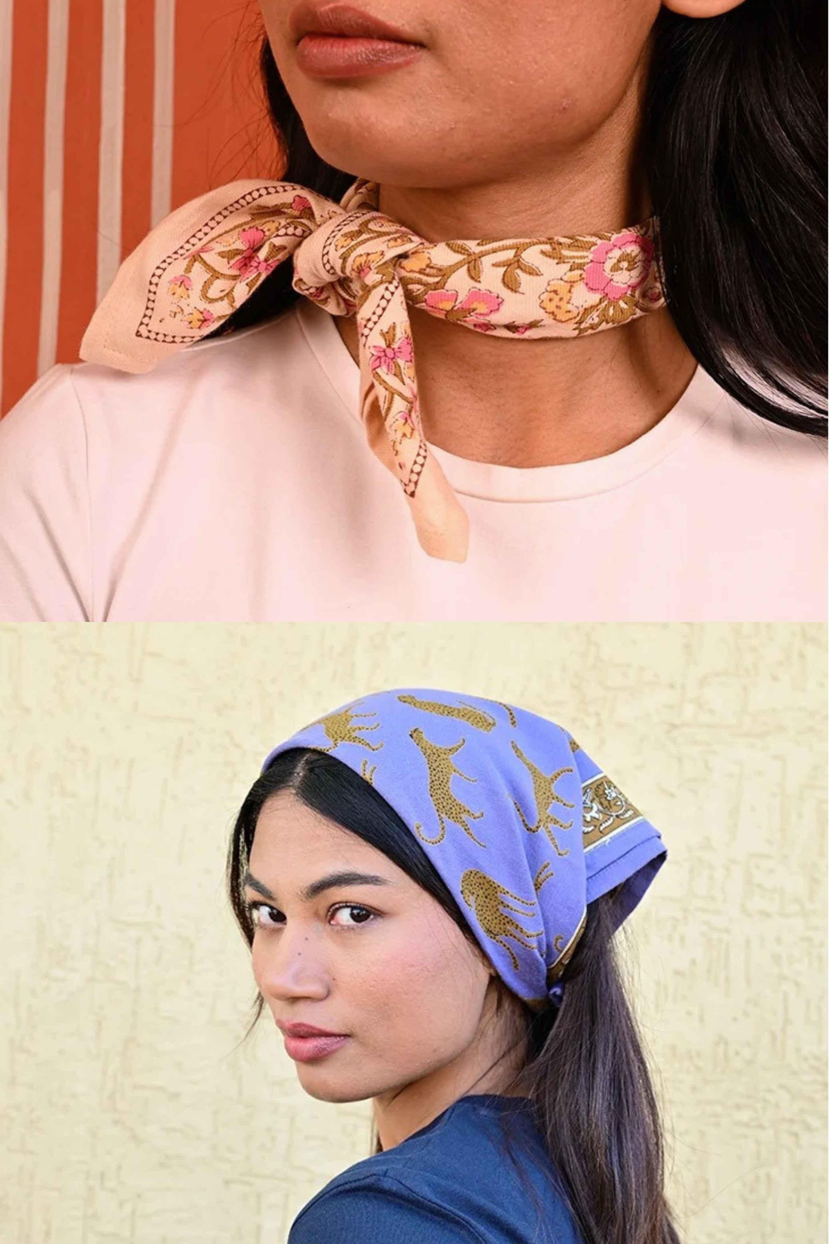 Duo de petits foulards byzantine : Calypso Rose noué au cou et Fauve Bleu horizon porté en fichu