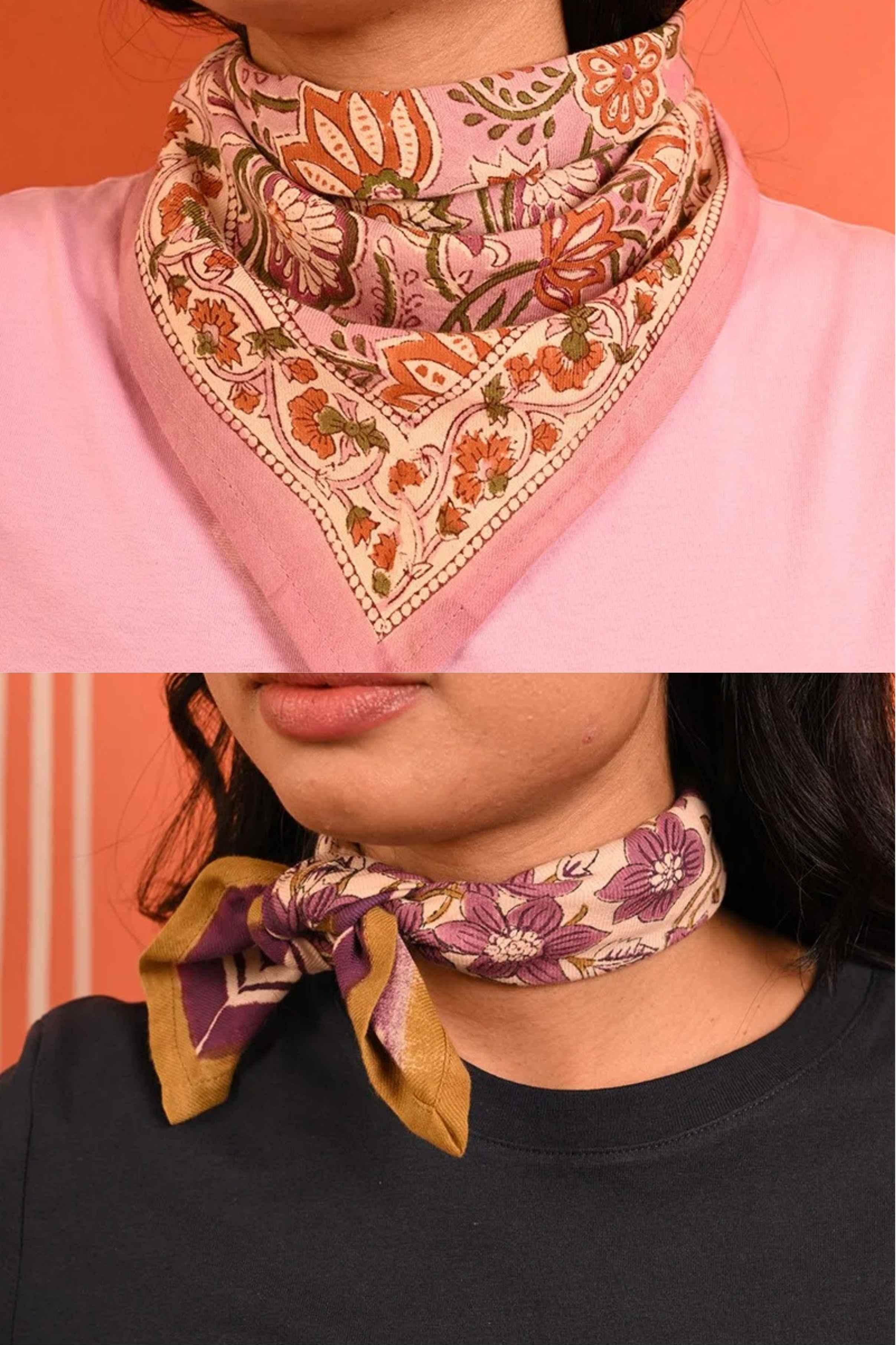 Duo de petits foulards byzantine : N°114 Rose et Hélios Écru, noués autour du cou