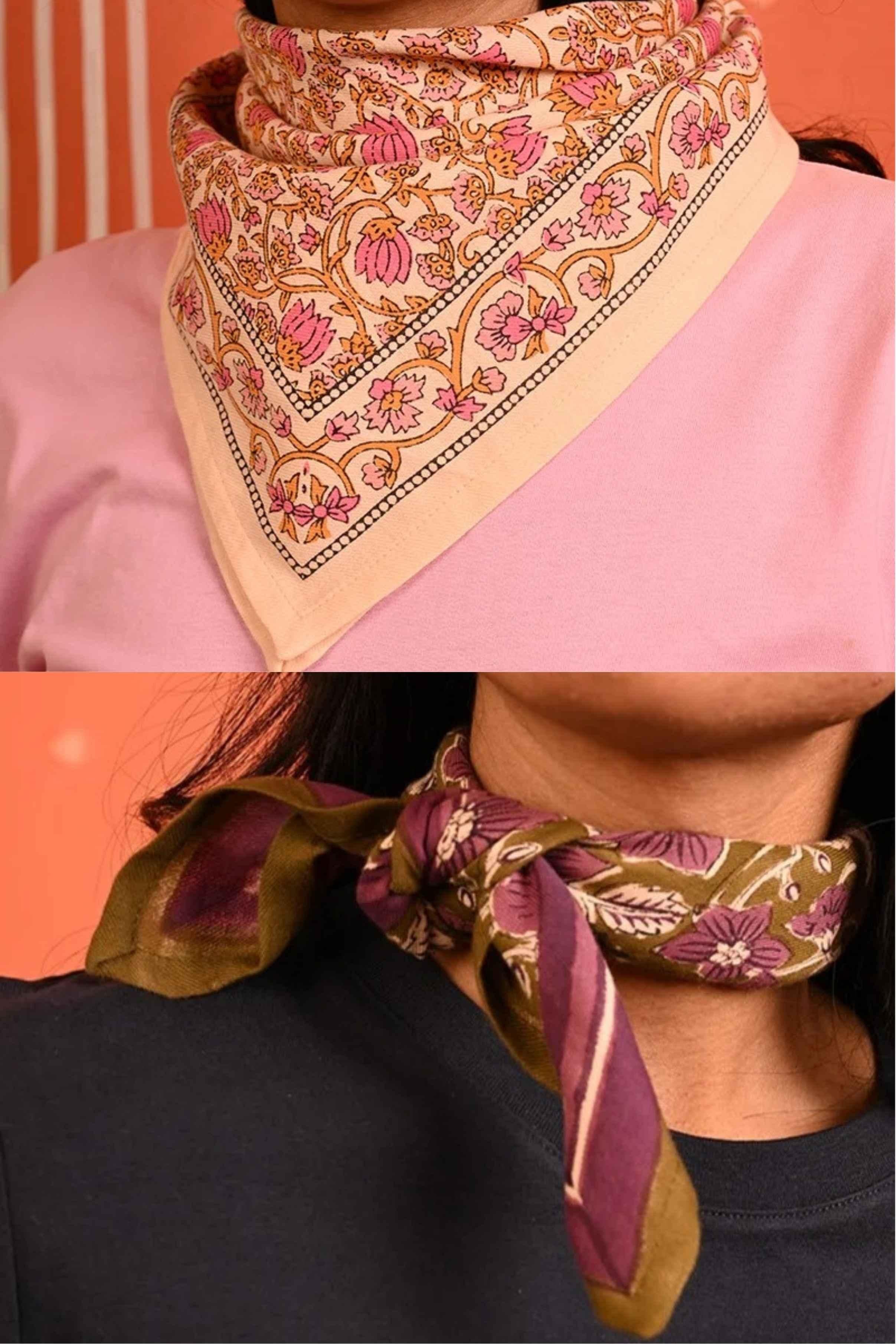 Duo de petits foulards byzantine : Tulipa Rose et Hélios Kaki, noués autour du cou