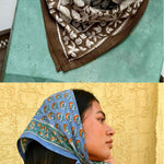 Duo de petits foulards byzantine : Antioche Kaki noué sur une statue et Séléné Bleu horizon en fichu
