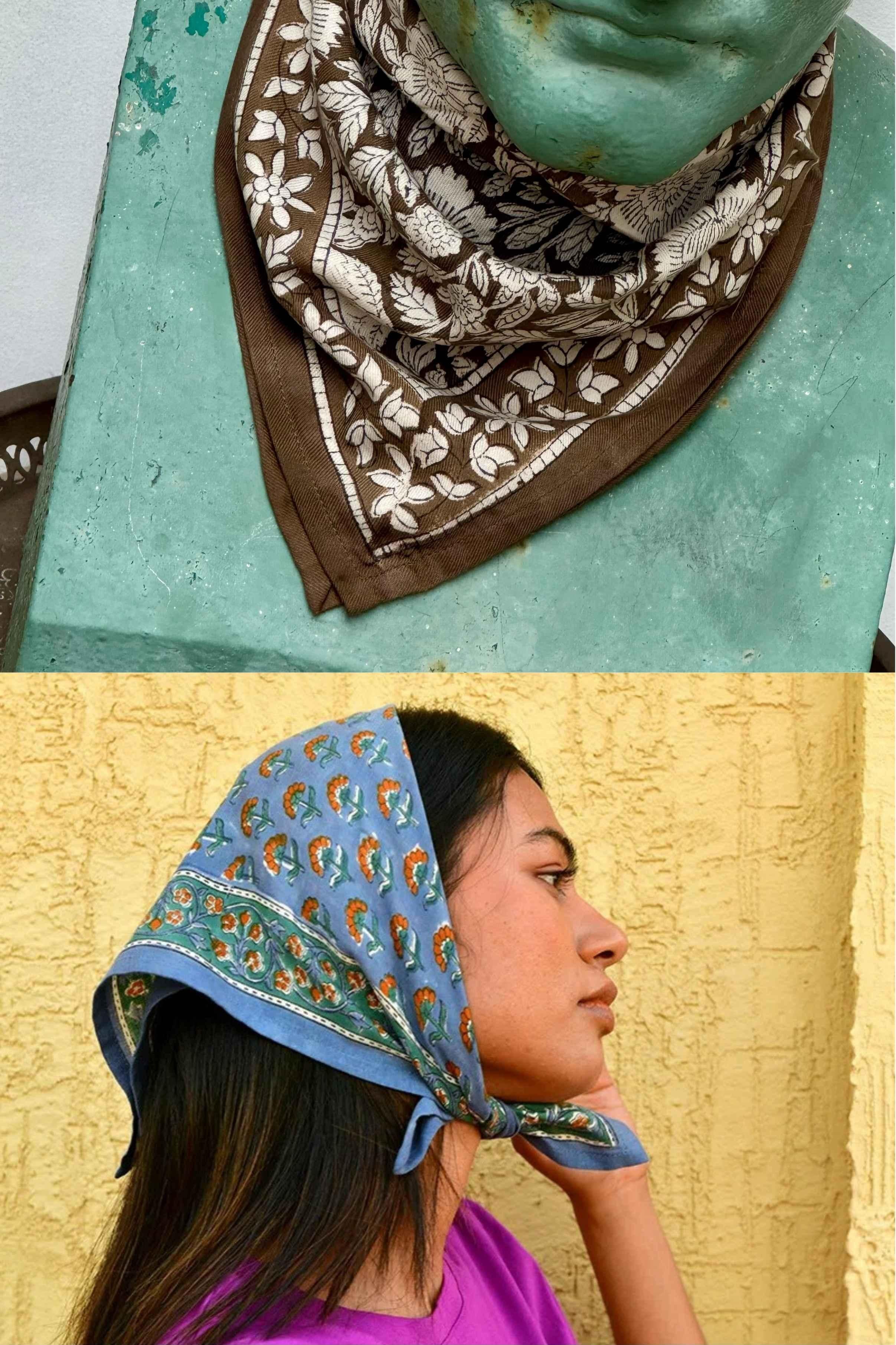 Duo de petits foulards byzantine : Antioche Kaki noué sur une statue et Séléné Bleu horizon en fichu