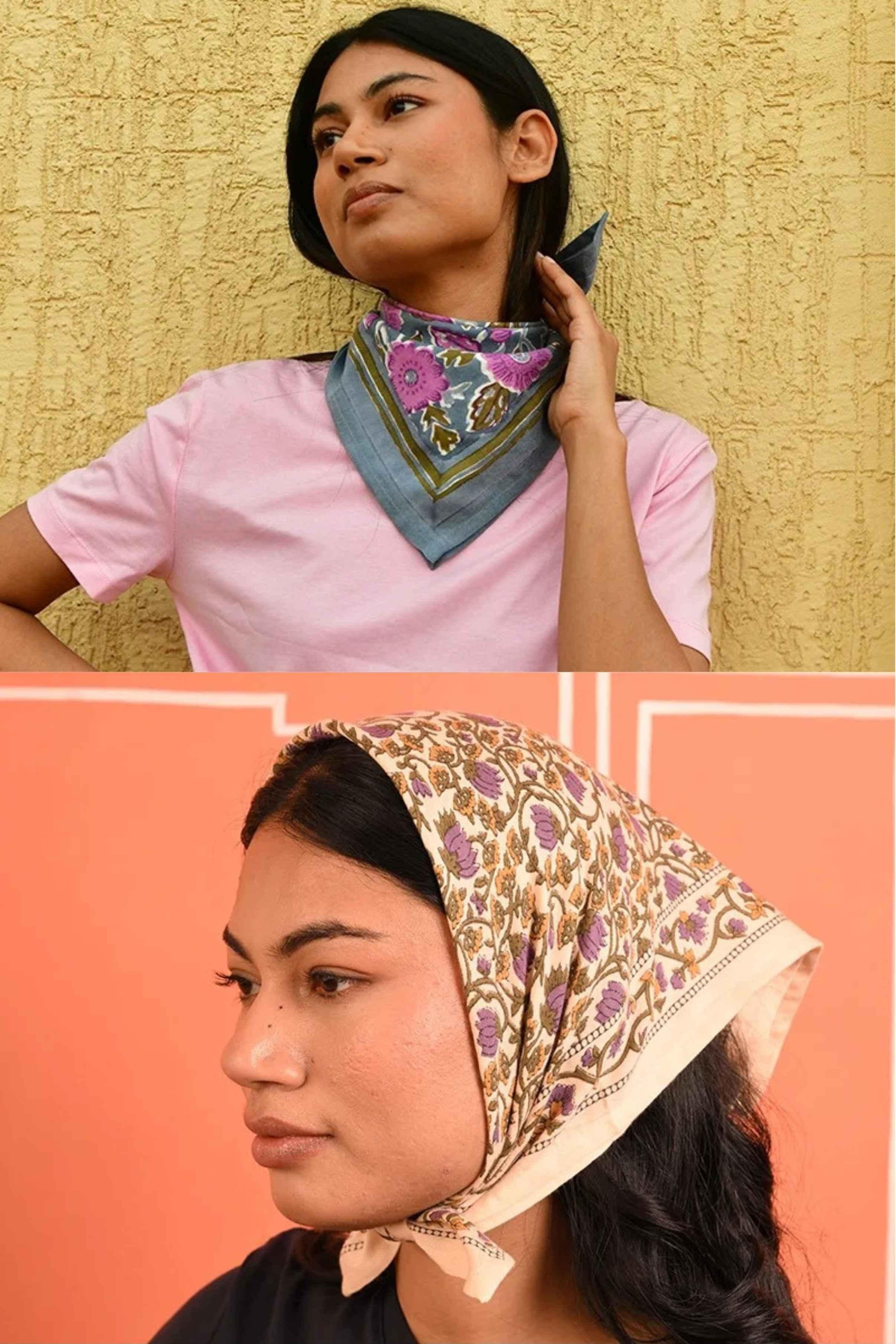Duo de petits foulards byzantine : Ani Bleu horizon noué au cou et Tulipa Bleu porté en fichu