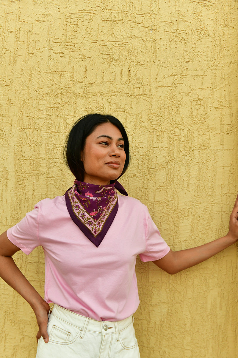 Foulard coton femme fleuri prune et rose 
