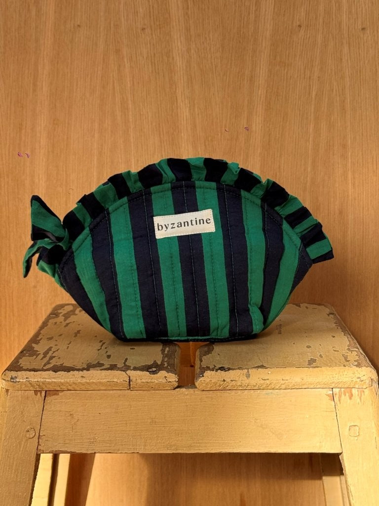Petite trousse froufrou Pacha Menthe, rayures vertes et bleu nuit, étiquette byzantine