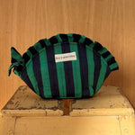 Petite trousse froufrou Pacha Menthe, rayures vertes et bleu nuit, étiquette byzantine