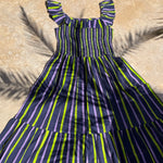 Robe Liberty Navy Fluo vue à plat, bretelles à volants