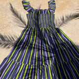 Robe Liberty Navy Fluo vue à plat, bretelles à volants