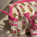 Trousse de toilette XL en coton pour femme de byzantine blanc et rose