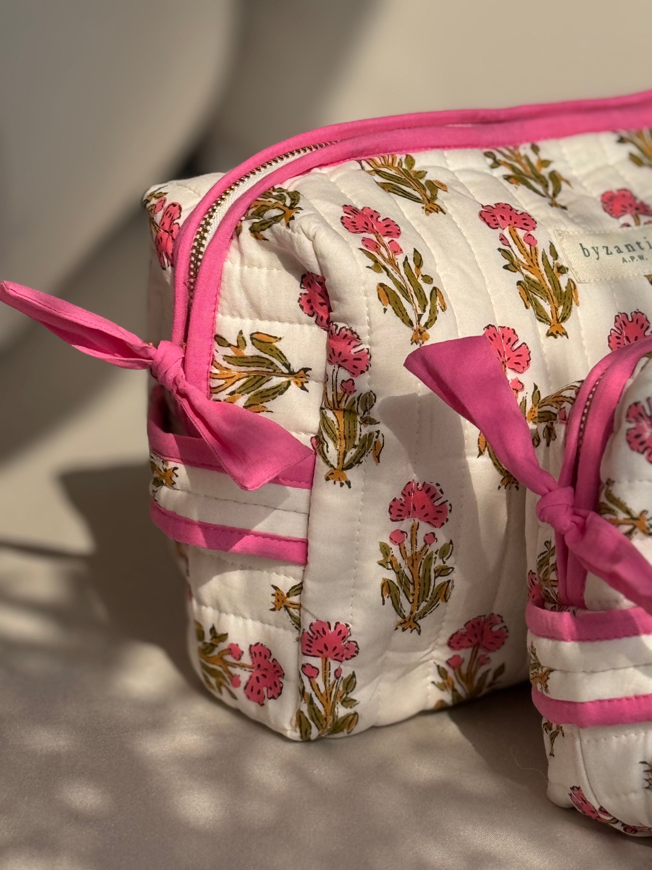 Trousse de toilette XL en coton pour femme de byzantine blanc et rose